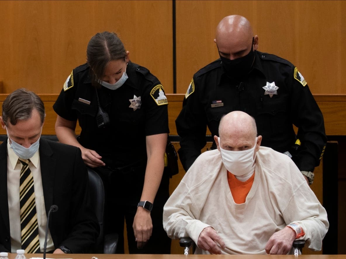 Joseph James DeAngelo, sitting in a wheelchair, is brought out of the courtroom for a break in the schedule for the third day of victim impact statements at the Gordon D. Schaber Sacramento County Courthouse.