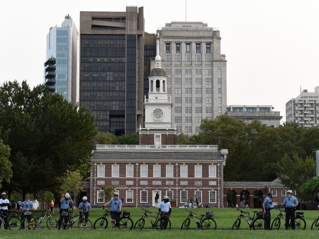 Donald TrumpPhiladelphia Police Officers line up in front of Independence Mall to watch over protesters, Tuesday, Sept. 15, 2020, in Philadelphia.