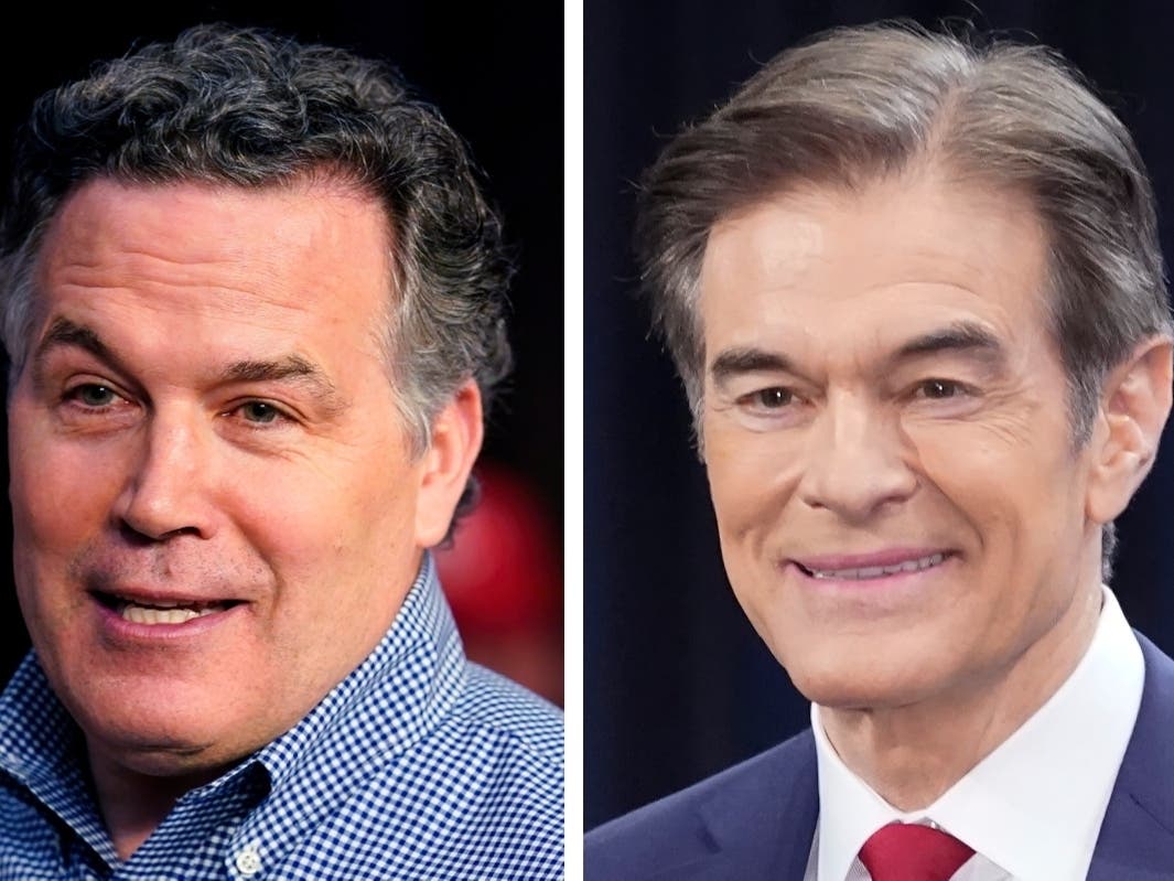 Pennsylvania Republican Senate candidates David McCormick, left, and Mehmet Oz during campaign appearances in May 2022 in Pennsylvania.