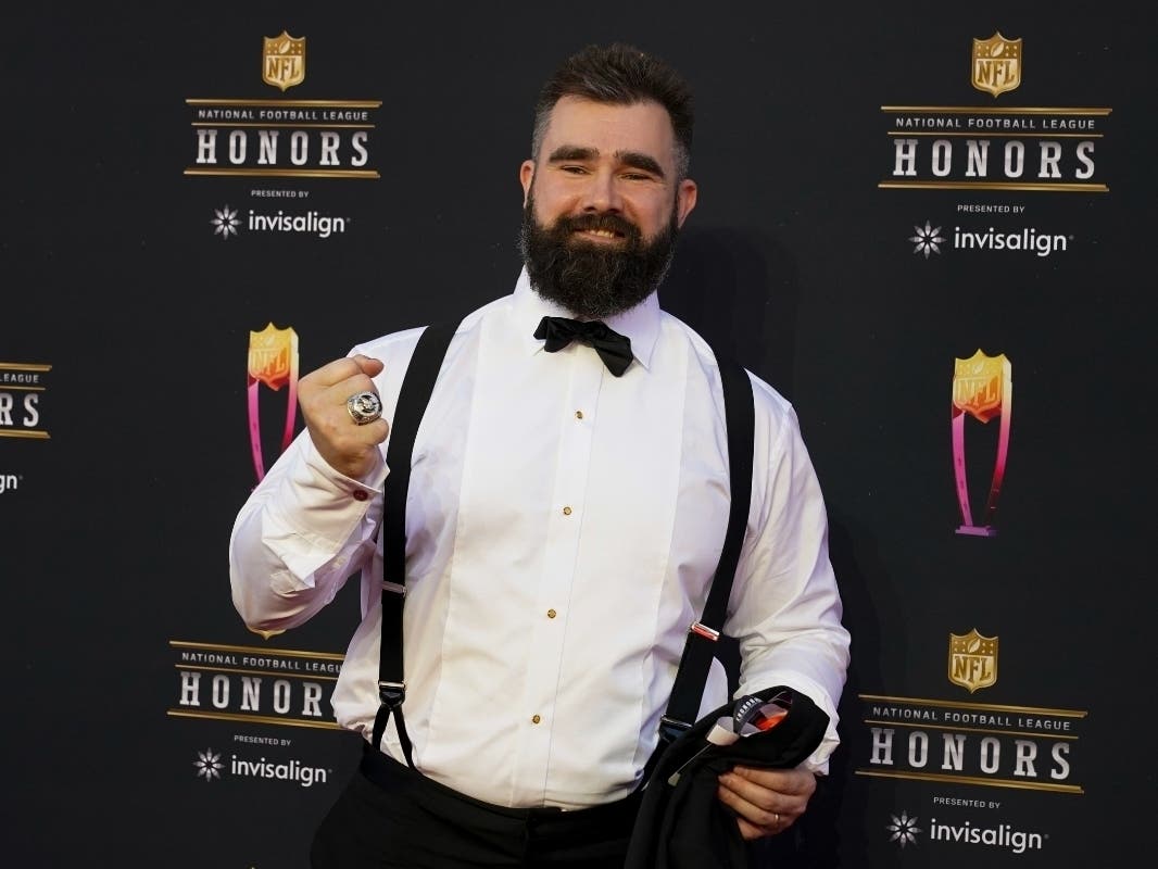FILE - Philadelphia Eagles Jason Kelce arrives for the NFL Honors show, Feb. 10, 2022, in Inglewood, Calif.