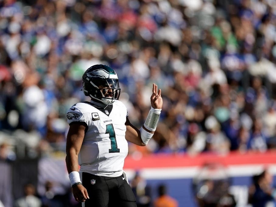 Philadelphia Eagles quarterback Jalen Hurts (1) reacts during an NFL football game against the New York Giants Sunday, Oct. 20, 2024, in East Rutherford, N.J.