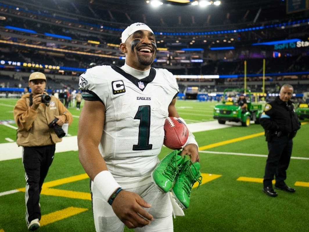 Philadelphia Eagles quarterback Jalen Hurts (1) smiles after an NFL football game against the Los Angeles Rams, Sunday, Nov. 24, 2024, in Inglewood, Calif.