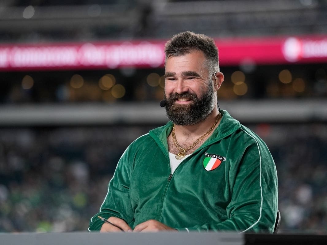Former Philadelphia Eagles player Jason Kelce sits on the NFL ESPN Monday Night Football before an NFL football game between the Eagles and the Atlanta Falcons on Monday, Sept. 16, 2024, in Philadelphia.