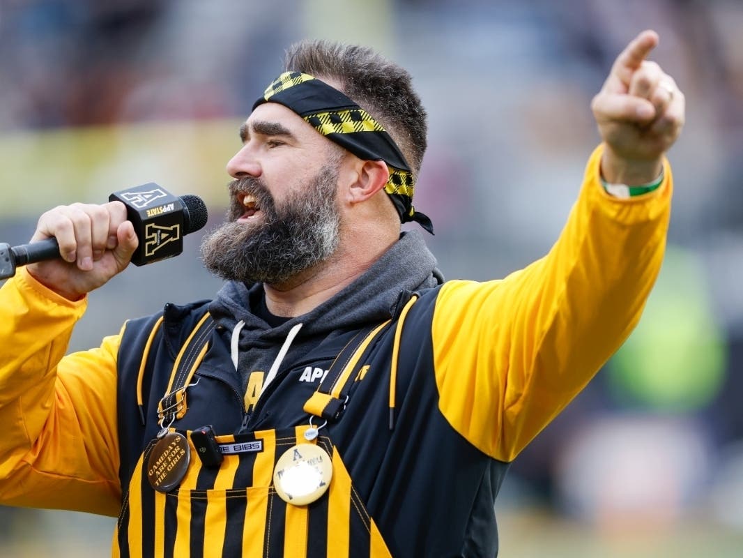 Jason Kelce speaks during halftime of an NCAA football game between Appalachian State and James Madison on Saturday, Nov. 23, 2024, in Boone, N.C.