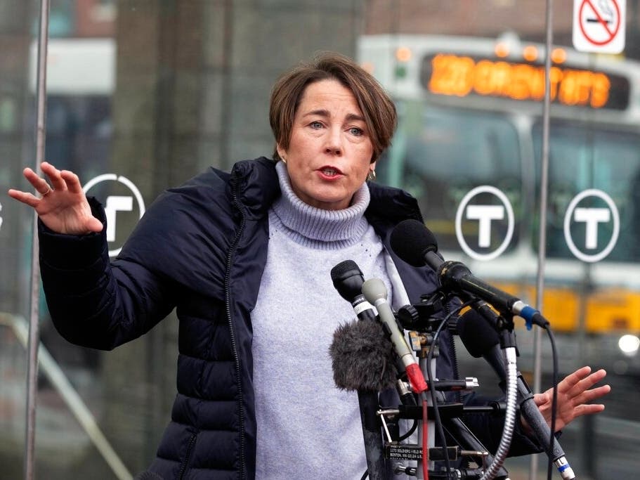 Massachusetts Attorney General Maura Healey speaks with the media during a campaign stop at the Maverick Square T station on Jan. 20 in Boston.