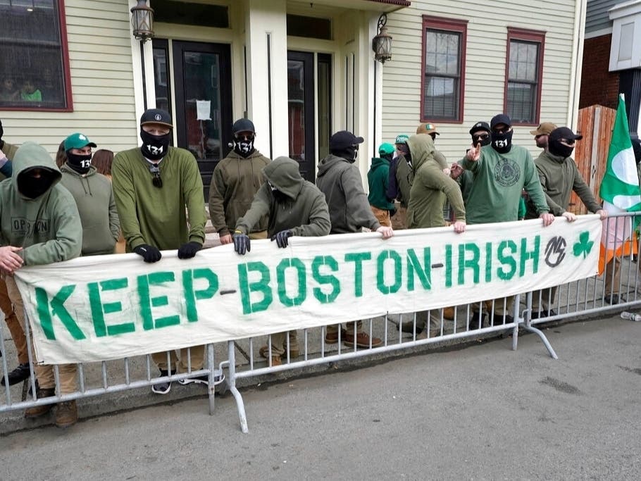Members of the neo Nazi group NSC-131 at Boston's 2022 St. Patrick's Day parade. The group disrupted a drag queen story reading on Sunday. 