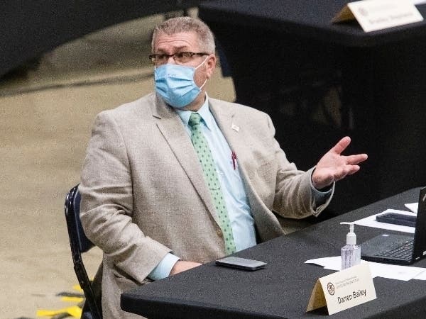 State Rep. Darren Bailey is pictured during a May 21 special meeting of the Illinois House of Representatives at the Bank of Springfield Center, a day after he was removed from the floor for refusing to comply with a face covering requirement.