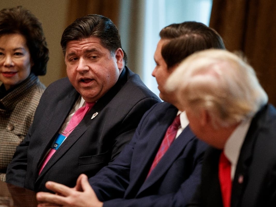 Illinois Gov. J.B. Pritzker speaks with President Donald Trump during a December 2018 meeting with newly elected governors.