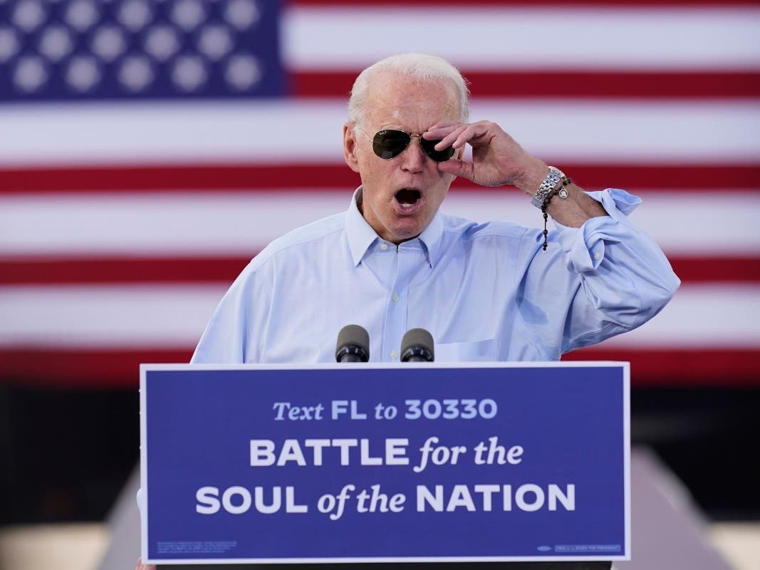 Democratic presidential candidate former Vice President Joe Biden speaks at a drive-in rally at Broward College, Thursday, Oct. 29, 2020, in Coconut Creek, Fla