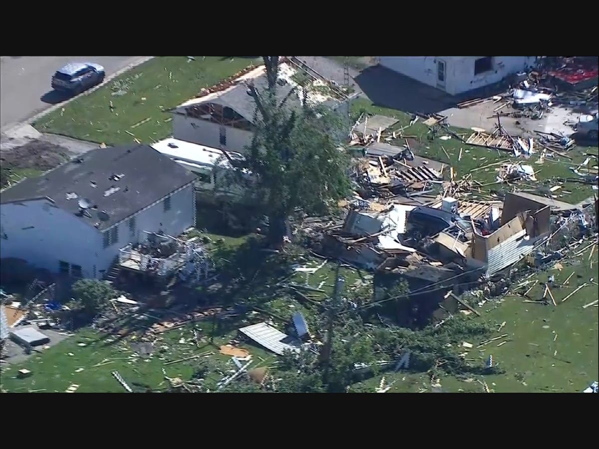 This photo made from video provided by WLS shows an aerial view of storm damage and a tornado-ravaged area on Friday, June 12, 2026, in Merrillville, Ind.
