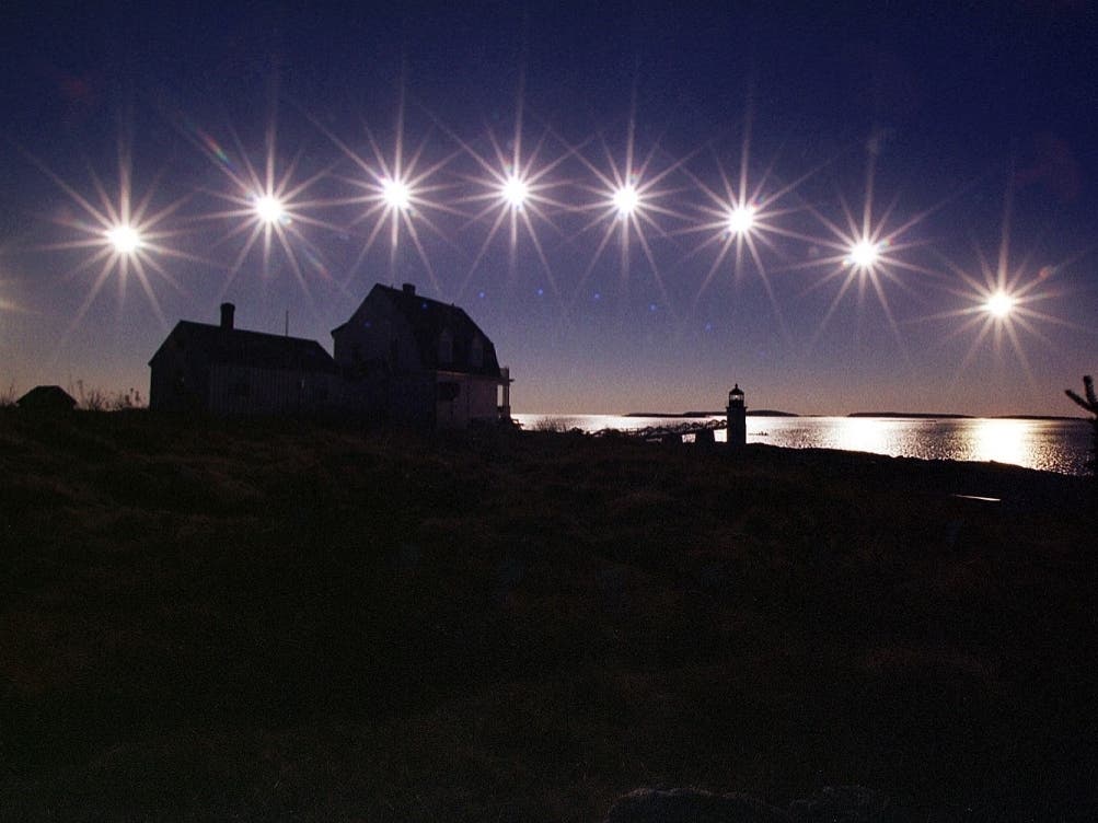 This multiple-exposure photo at a lighthouse in Maine shows how the sun, nearing the winter solstice, travels low across the sky, from sunrise (at left) to sunset. The sun’s position was recorded at 50-minute intervals during the approximately nine-hour d