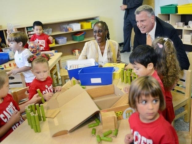 Mayor Bill de Blasio visits a pre-kindergarten class on Staten Island in September 2014. 