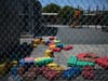 Dusty Lego-style toys are scattered in the playground of an elementary school in Los Angeles, Friday, July 17, 2020. California Gov. Gavin Newsom laid out strict criteria Friday for school reopenings.