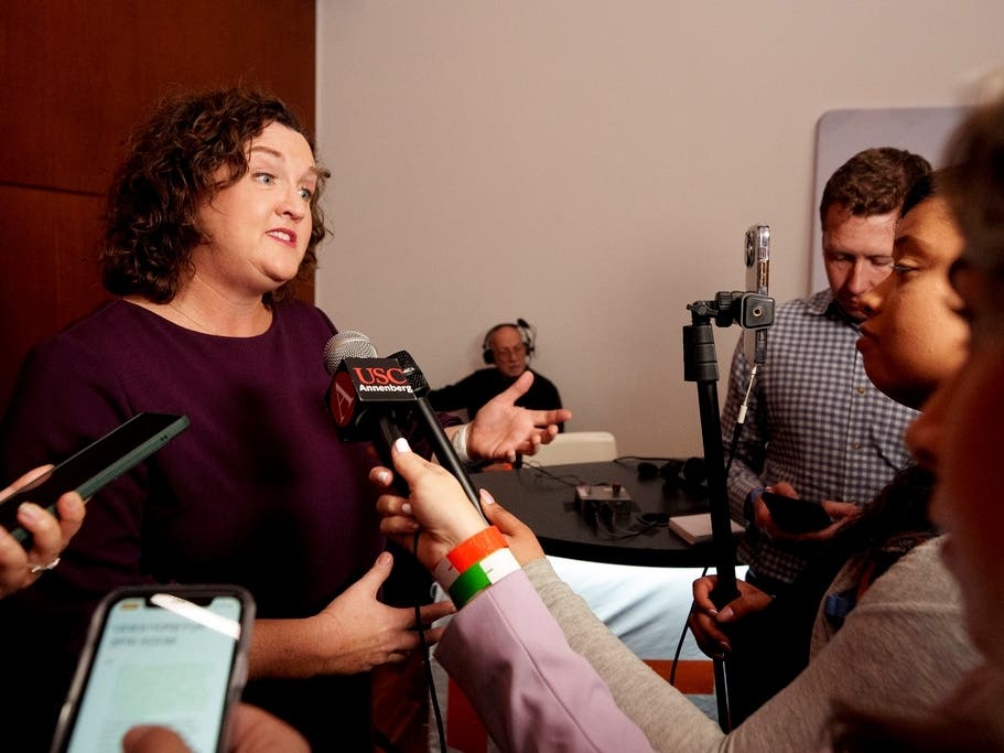 U.S. Rep. Katie Porter, D-Calif., takes questions from reporters after a televised debate for candidates in the senate race to succeed the late California Sen. Dianne Feinstein, on Monday, Jan. 22, 2024, in Los Angeles. 