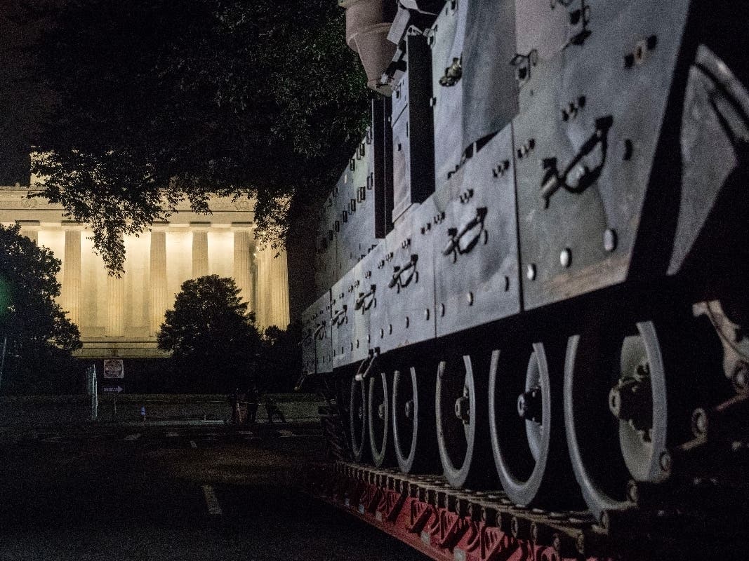A Bradley Fighting Vehicle parked nearby the Lincoln Memorial for President Trump's 'Salute to America' event.