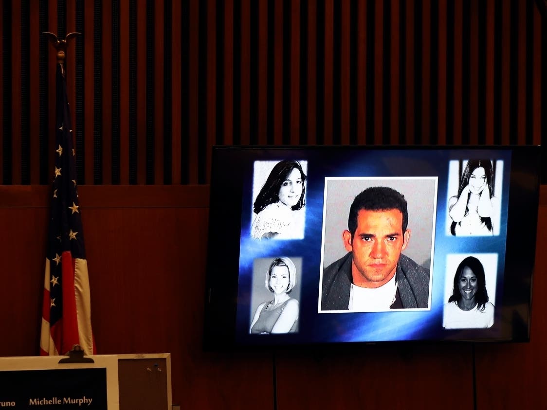 A picture of defendant Michael Gargiulo, center, and his victims is flashed on a screen during his trial in L.A.