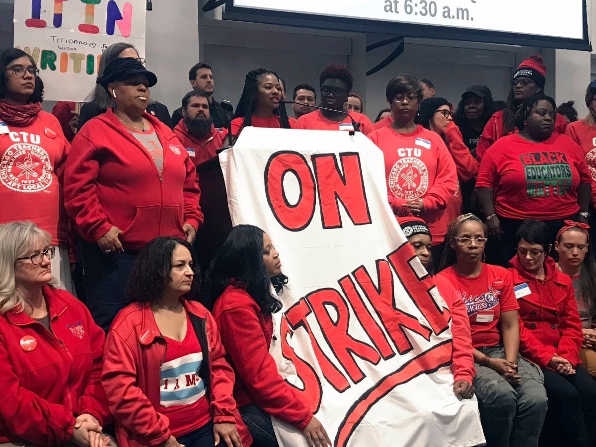 Members of the Chicago Teachers Union House of Delegates hold a press conference after members turned down the district's latest offer.