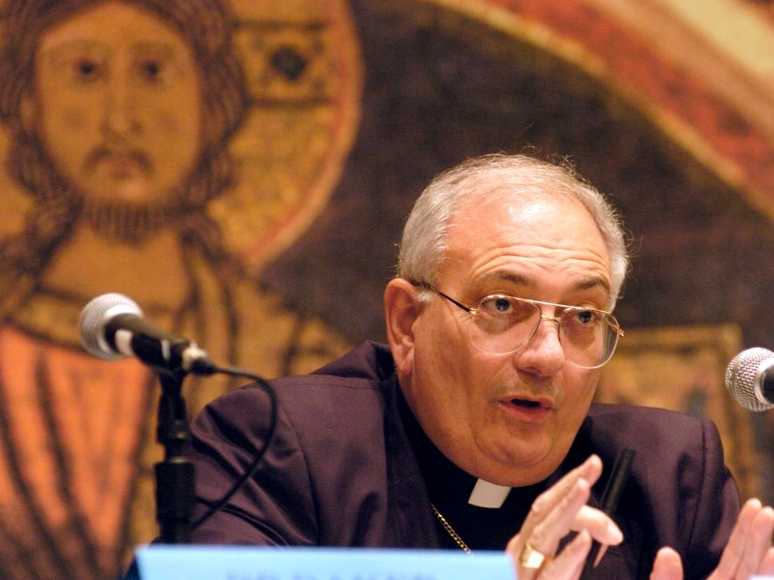 Bishop Nicholas DiMarzio speaking during a news conference at the U.S. Conference of Catholic Bishops fall meeting in Baltimore in 2007.