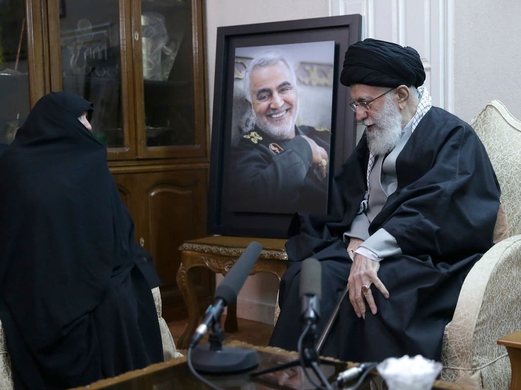 In this picture released by the official website of the office of the Iranian supreme leader, Supreme Leader Ayatollah Ali Khamenei, right, meets family of Iranian Revolutionary Guard Gen. Qassem Soleimani, who was killed in the U.S. airstrike in Iraq