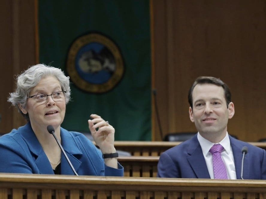 House Speaker Designate Laurie Jinkins, D-Tacoma, left, and Senate Majority Leader Andy Billig, D-Spokane, take part in the AP Legislative Preview, Thursday, Jan. 9, 2020, at the Capitol in Olympia, Wash.