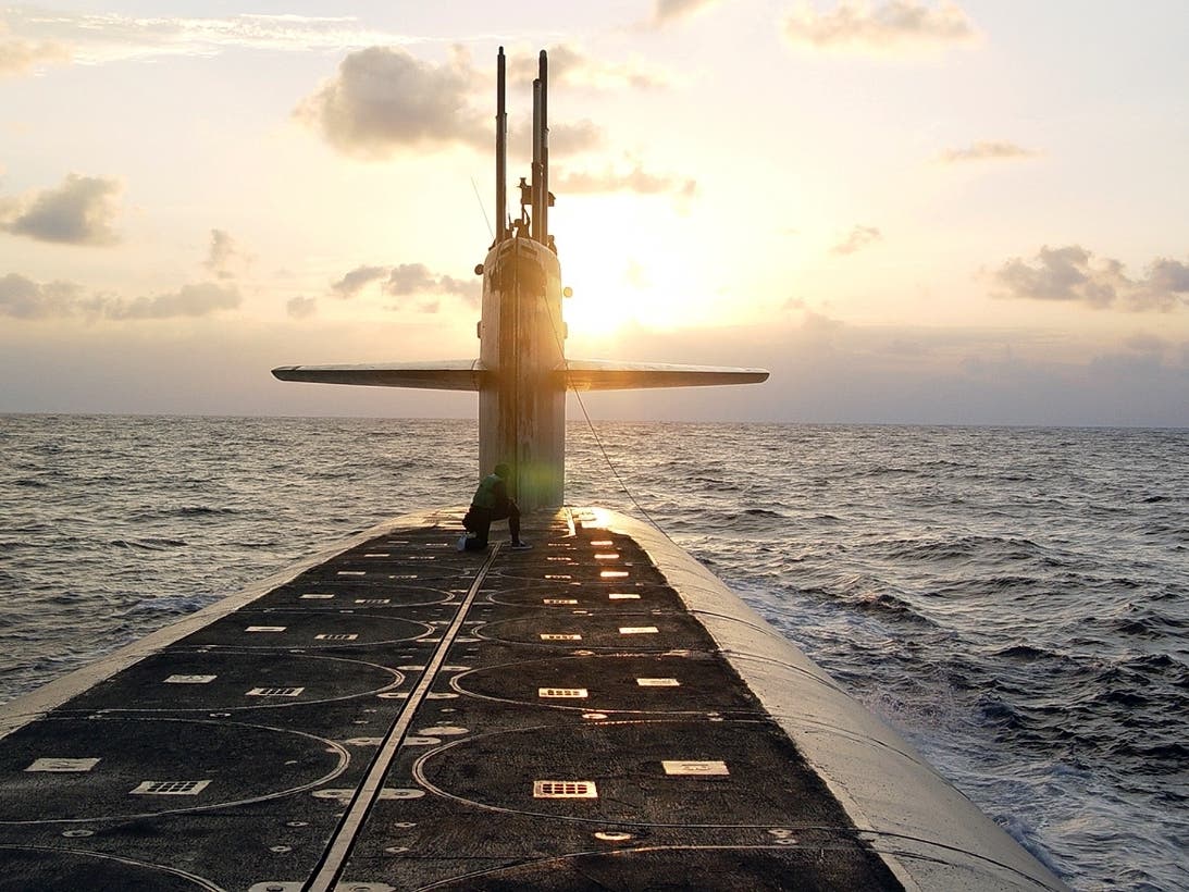 The Ohio-class ballistic-missile submarine USS Wyoming approaches Naval Submarine Base Kings Bay, Georgia, in January 2008.