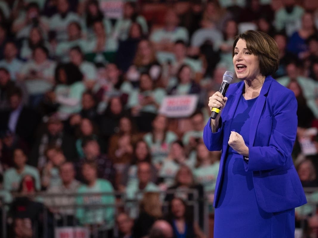Democratic presidential candidate Sen. Amy Klobuchar, D-Minn., speaks during the McIntyre-Shaheen 100 Club Dinner, Saturday, in Manchester, N.H.