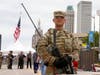 The National guard stands outside the BOK Center where President Trump will hold a rally in Tulsa.