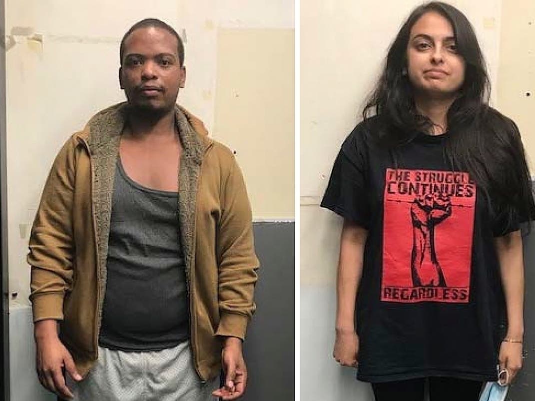 Colinford Mattis and Urooj Rahman are accused of torching a police vehicle.