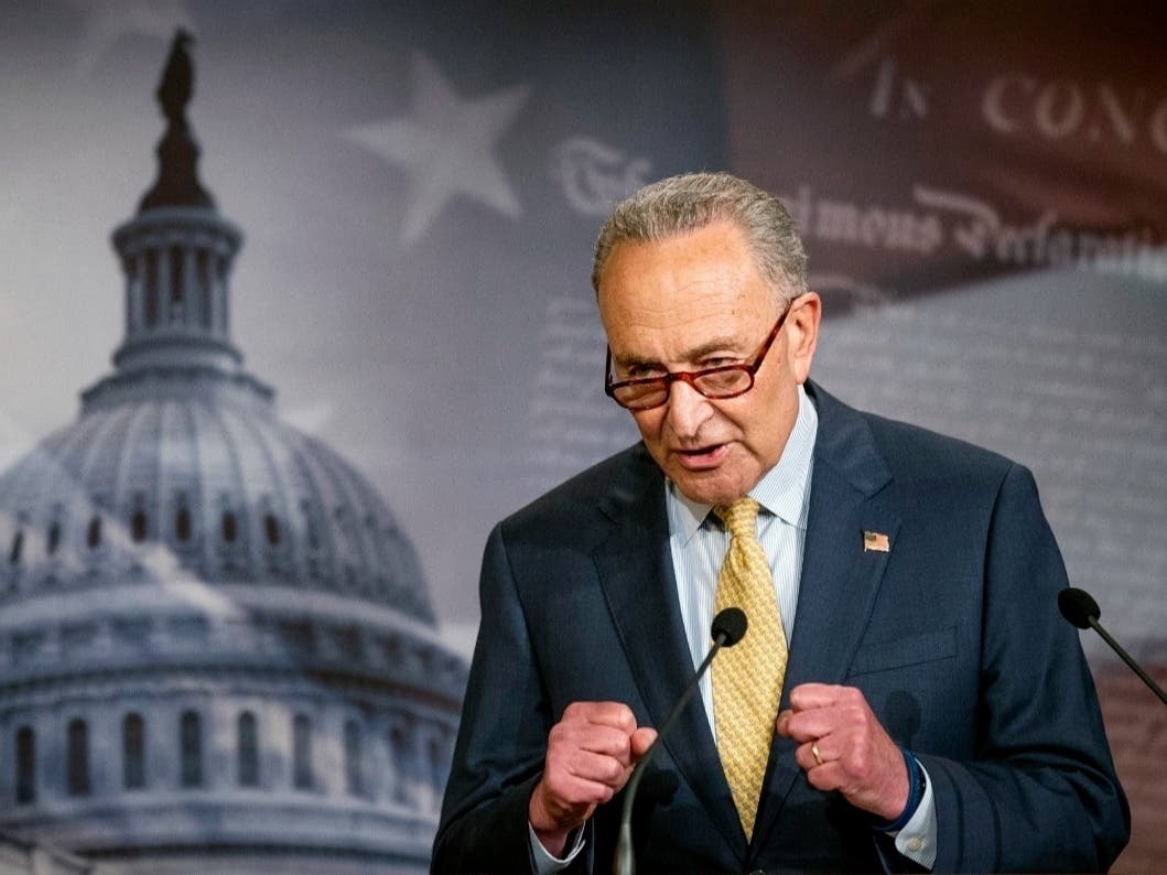 Senate Majority Leader Chuck Schumer speaks during a news conference on Capitol Hill in Washington.