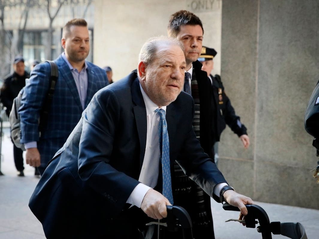 In this Feb. 24, 2020, file photo, Harvey Weinstein arrives at a Manhattan courthouse as jury deliberations continue in his rape trial.