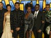 Actors Michael B. Jordan, Letitia Wright, Chadwick Boseman, Lupita Nyong'o, Daniel Kaluuya and Danai Gurira pose for photographers upon arrival at the premiere of the film "Black Panther" in London.