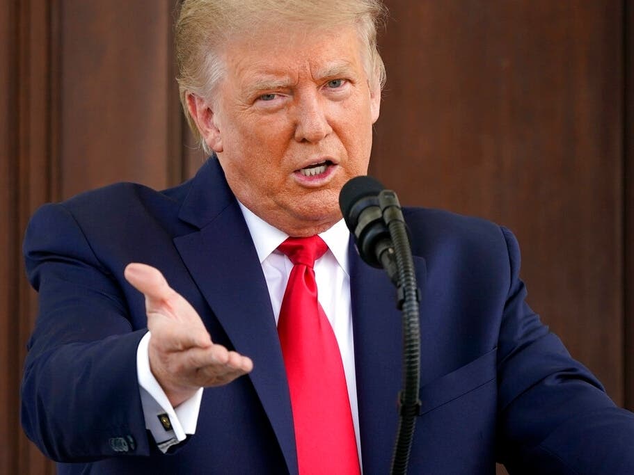 President Donald Trump speaks during a news conference on the North Portico of the White House on Monday. 