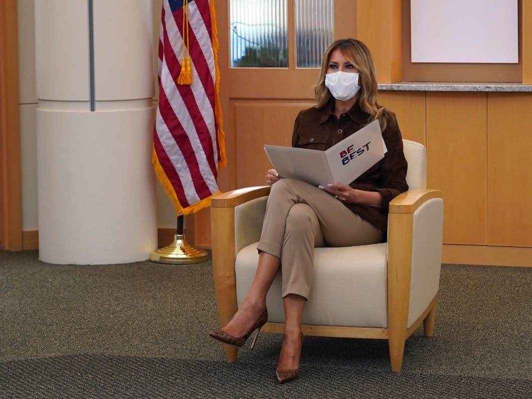 First lady Melania Trump reads from a prepared statement during a round table discussion at Concord Hospital, Thursday, Sept. 17, 2020, in Concord, N.H