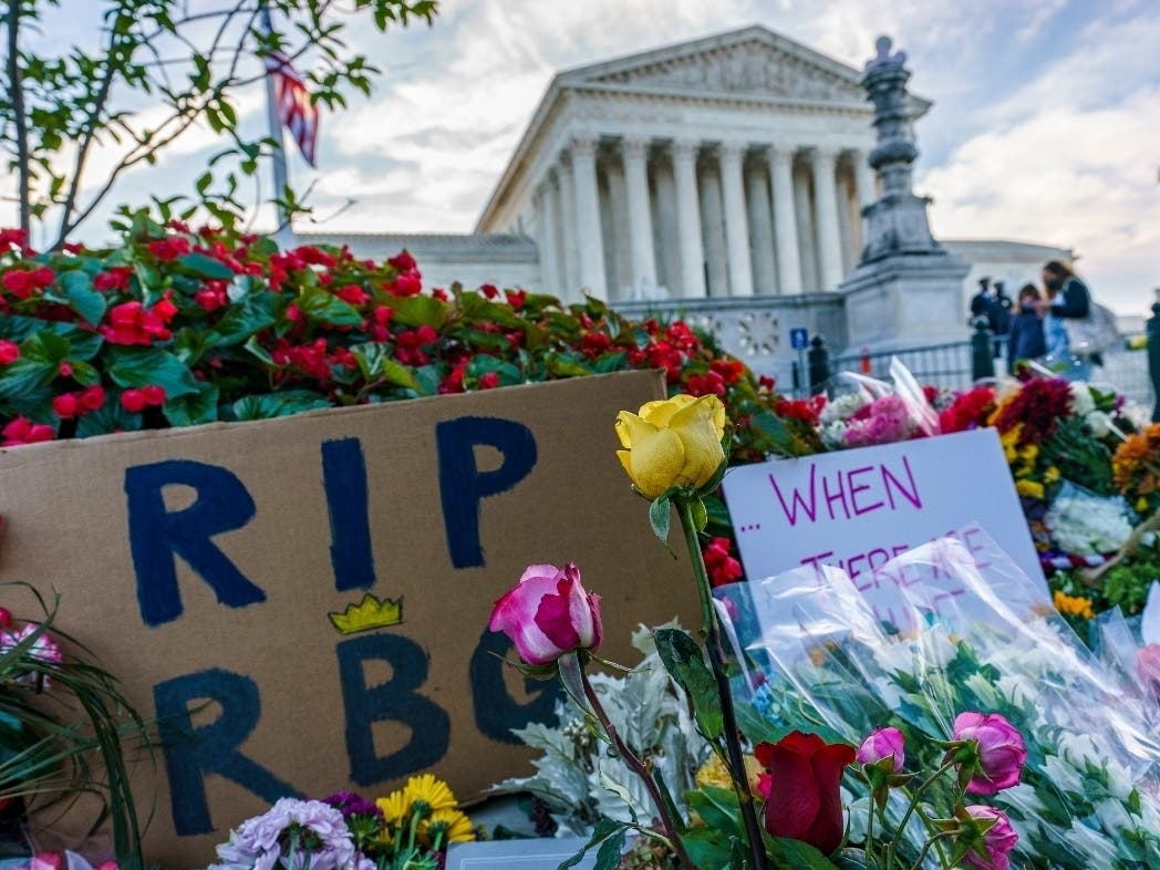 Hours after the announcement of Justice Ruth Bader Ginsburg's death Friday, crowds swarmed the Supreme Court building and left tributes in her honor. Her body will lie in repose at the Supreme Court building Wednesday and Thursday.