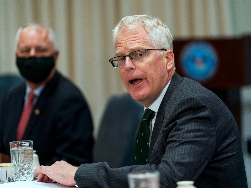 Acting Secretary of Defense Christopher Miller speaks during a meeting with Lithuanian Minister of National Defence Raimundas Karoblis at the Pentagon.