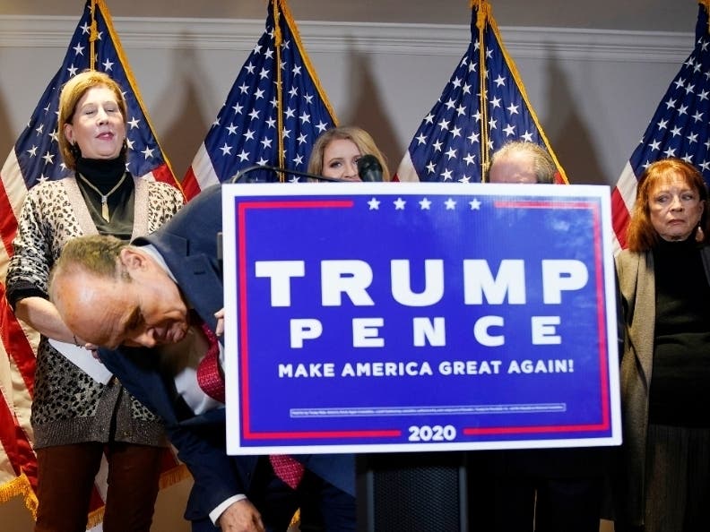 Trump lawyer Rudy Giuliani joked at a Thursday news conference at the Republican National Committee headquarters in Washington, D.C., that he was "looking for the FBI" under the dais when a reporter asked why the FBI hasn't probed election fraud claims.