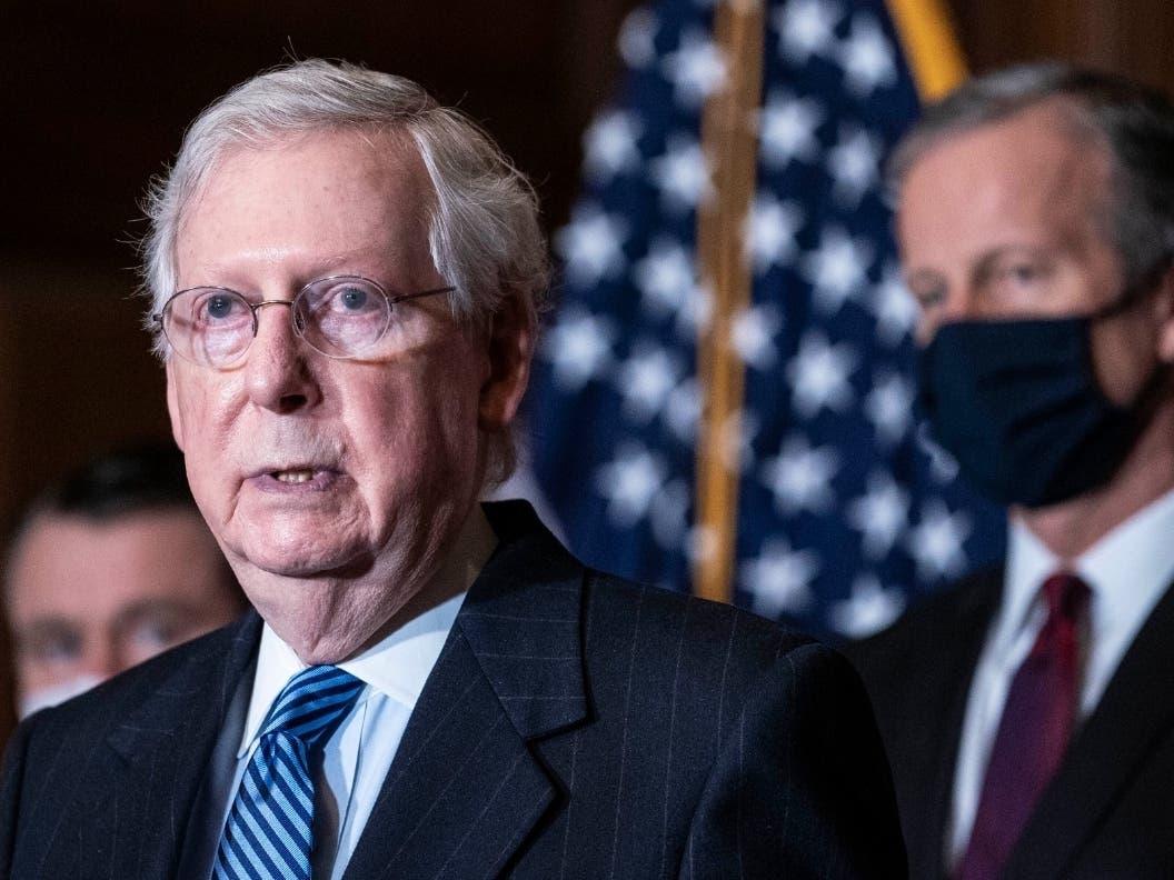 Senate Majority Leader Mitch McConnell of Kentucky, speaks during a news conference following a weekly meeting with the Senate Republican caucus.