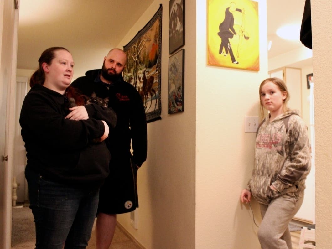 Taylor Wood and her boyfriend, Ryan Bowser, shown with Wood's 10-year-old daughter, Freya Wood, have lived in a Corvallis, Oregon, apartment for more than two years, but have missed three rent payments during the pandemic.