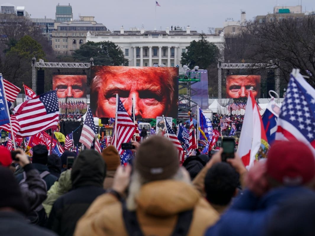 President Donald Trump speaks during a rally protesting the electoral college certification of Joe Biden as president.