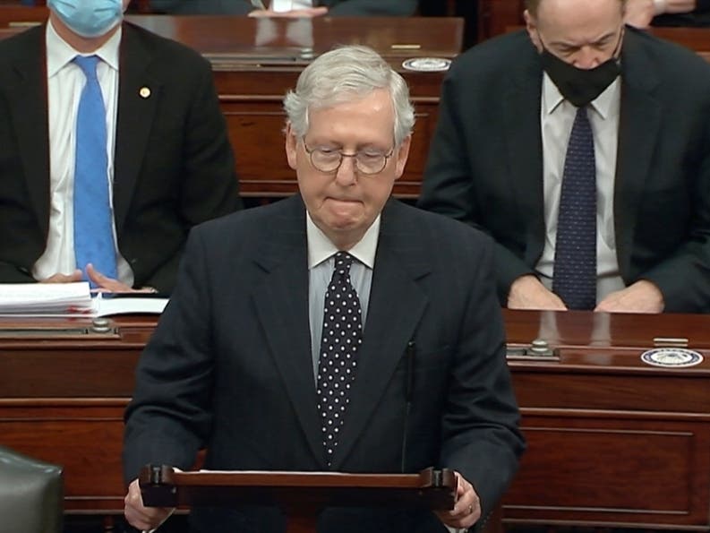 Senate Majority Leader Mitch McConnell of Kentucky, speaks as the Senate reconvenes after protesters stormed into the U.S. Capitol on Jan. 6.