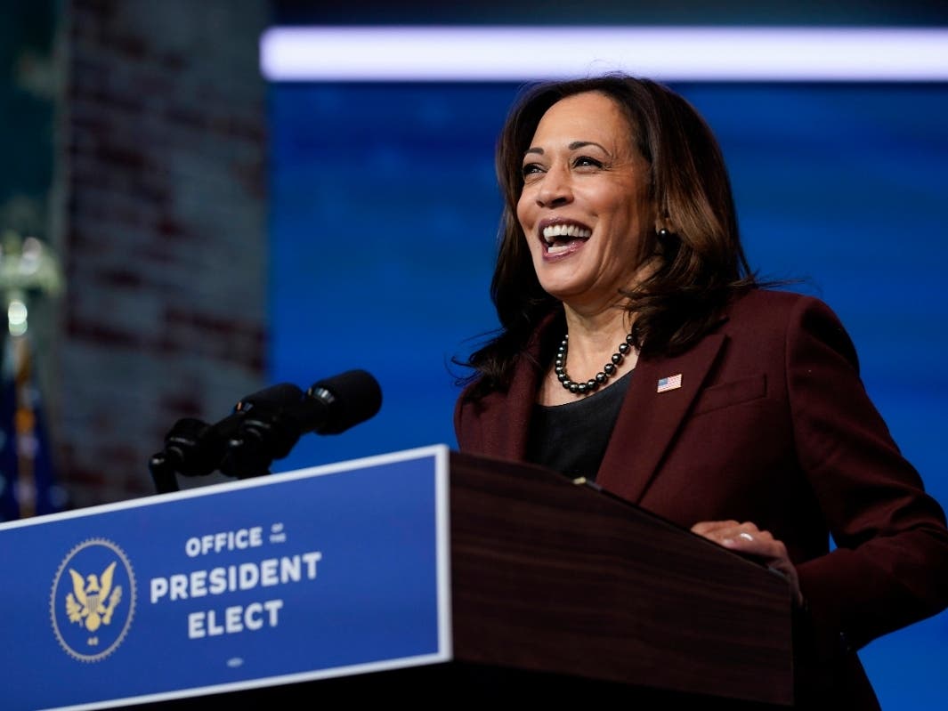 Vice President-elect Kamala Harris speaks as she and President-elect Joe Biden introduce their nominees and appointees to key national security and foreign policy posts at The Queen theater, in Wilmington, Delaware.