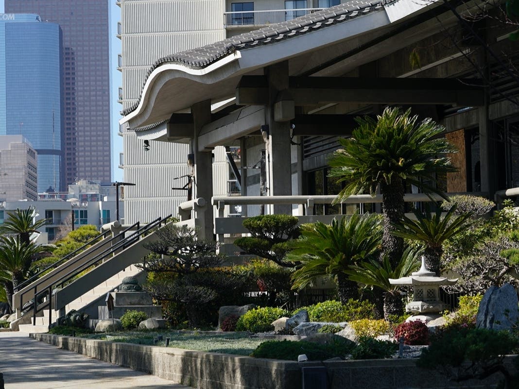 Authorities are investigating the vandalism and fire at the Buddhist temple in the Little Tokyo section of downtown Los Angeles. The incident Thursday night occurred as hate crimes against Asian Americans are increasing nationwide. 