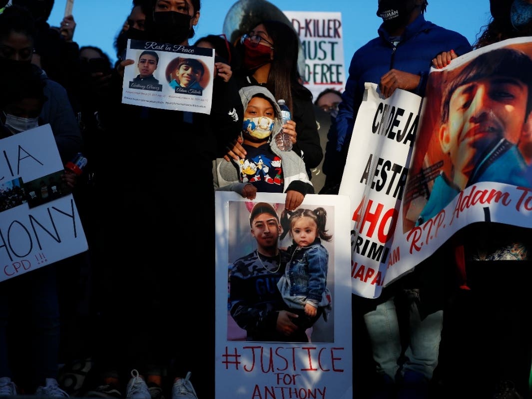 Demonstrators protest the shooting of 13-year-old Adam Toledo on Friday in Logan Square in Chicago. 