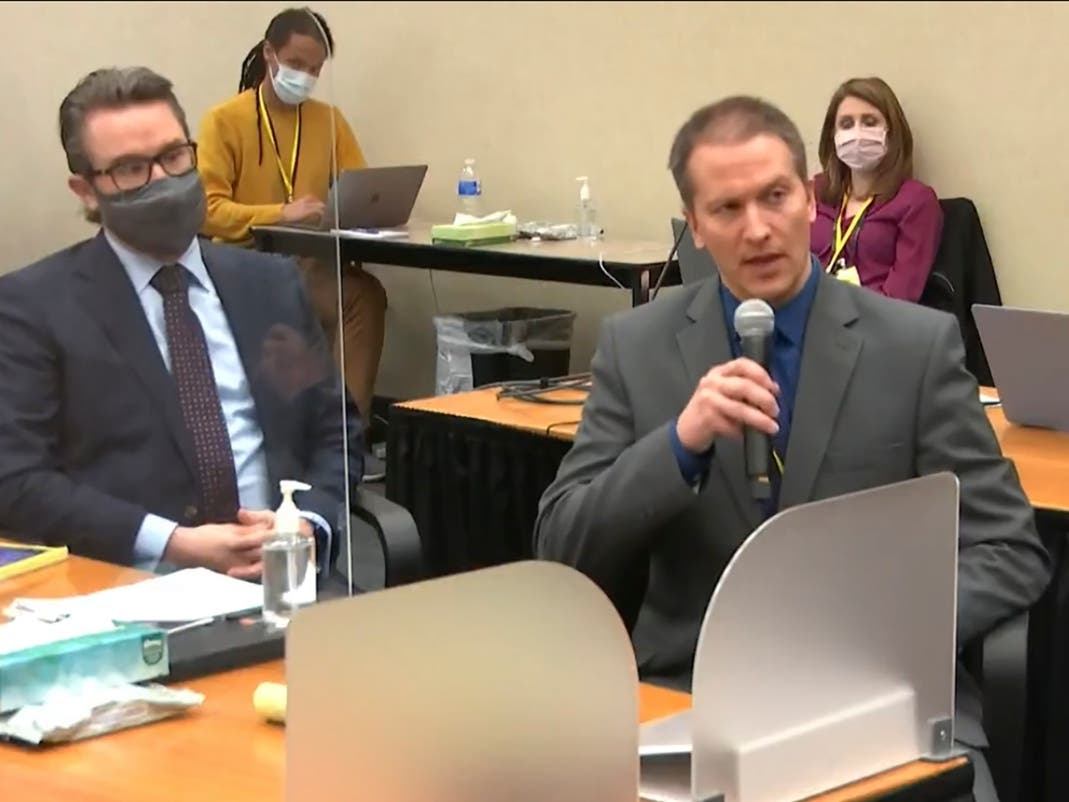 In this image from video, defense attorney Eric Nelson, left, and defendant, former Minneapolis police officer Derek Chauvin address Hennepin County Judge Peter Cahill during motions before the court Thursday, April 15.