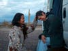 Director Chloe Zhao, left, appears with actress Frances McDormand on the set of "Nomadland."