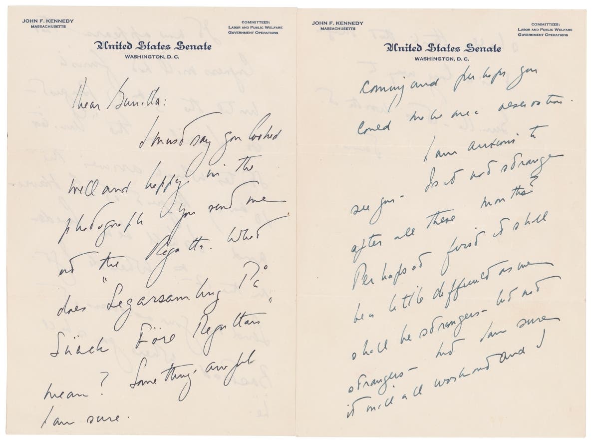 This photo shows a love letter that John F. Kennedy wrote to a Swedish paramour a few years after he married Jacqueline Bouvier, according to Boston-based RR Auction. 