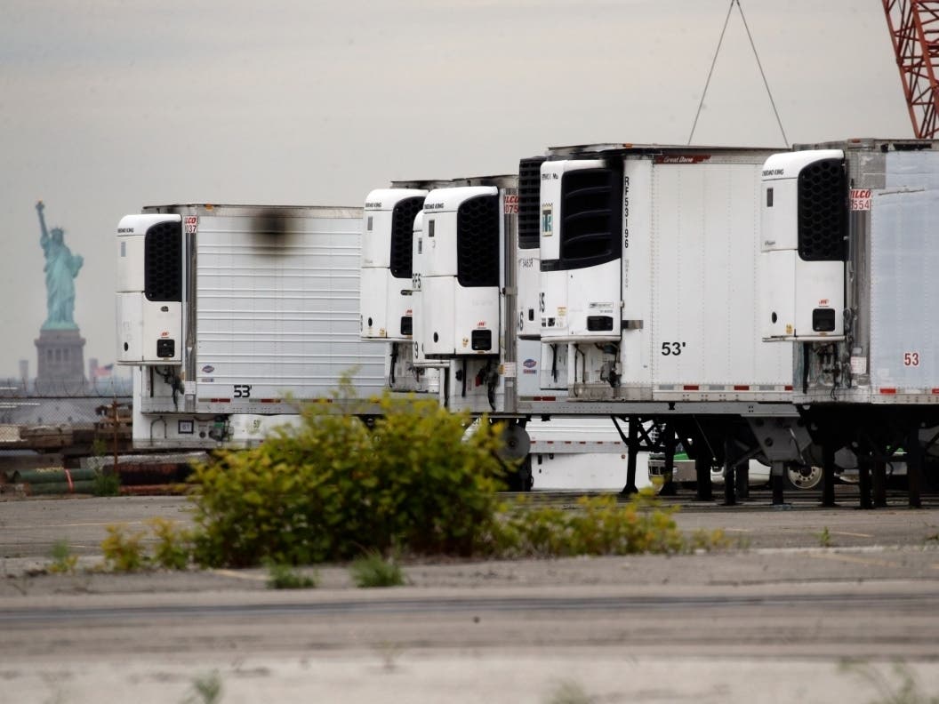 In this May 6, 2020 file photo, the Statue of Liberty is visible behind refrigerator trucks intended for storing corpses.