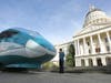In this Feb. 26, 2015, file photo, a full-scale mock-up of a high-speed train is displayed at the Capitol in Sacramento, Calif. 