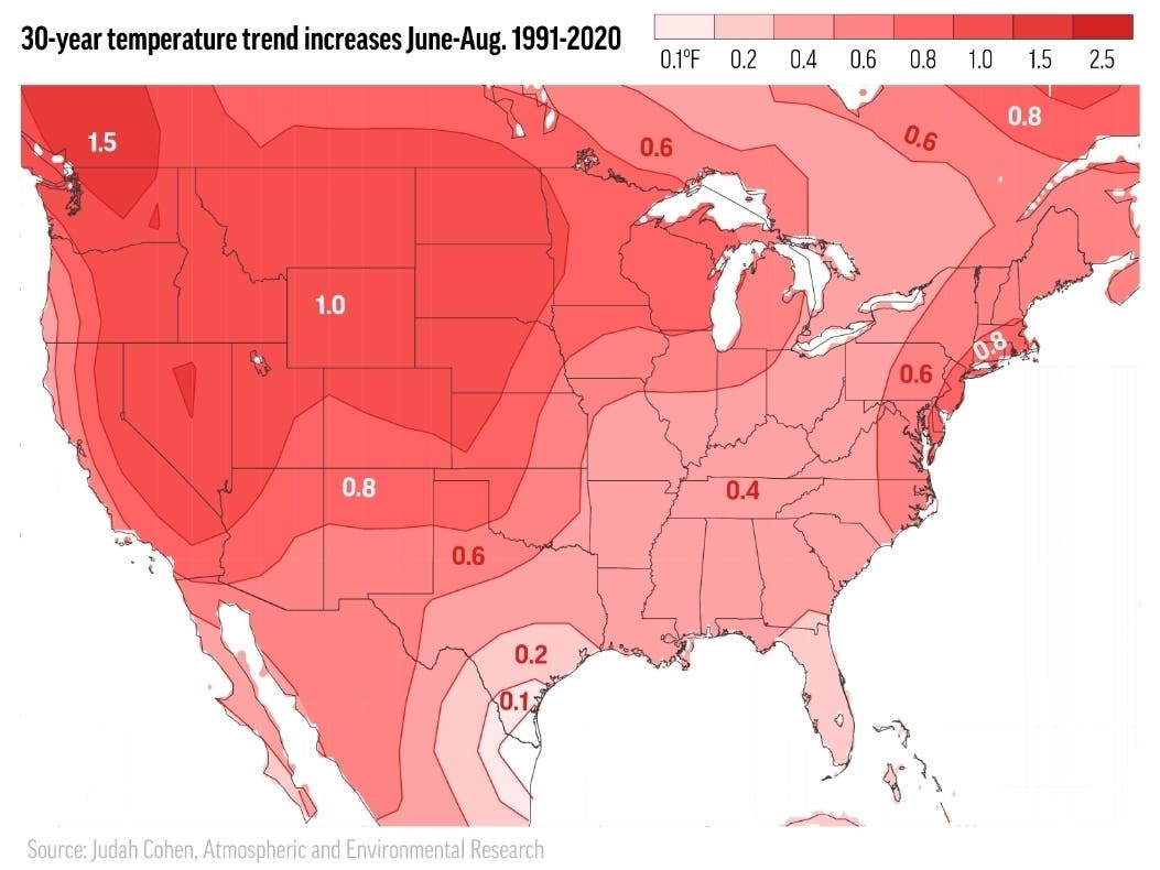 This illustration made from data provided by the Atmospheric and Environmental Research/Verisk in July 2021 shows a 30-year summer heat trend map for the continental United States by the company. 