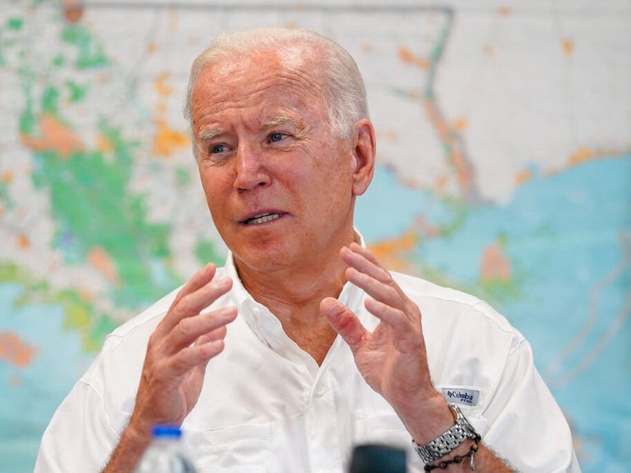 President Joe Biden participates in a briefing about the response to damage caused by Hurricane Ida at the St. John Parish Emergency Operations Center in LaPlace.